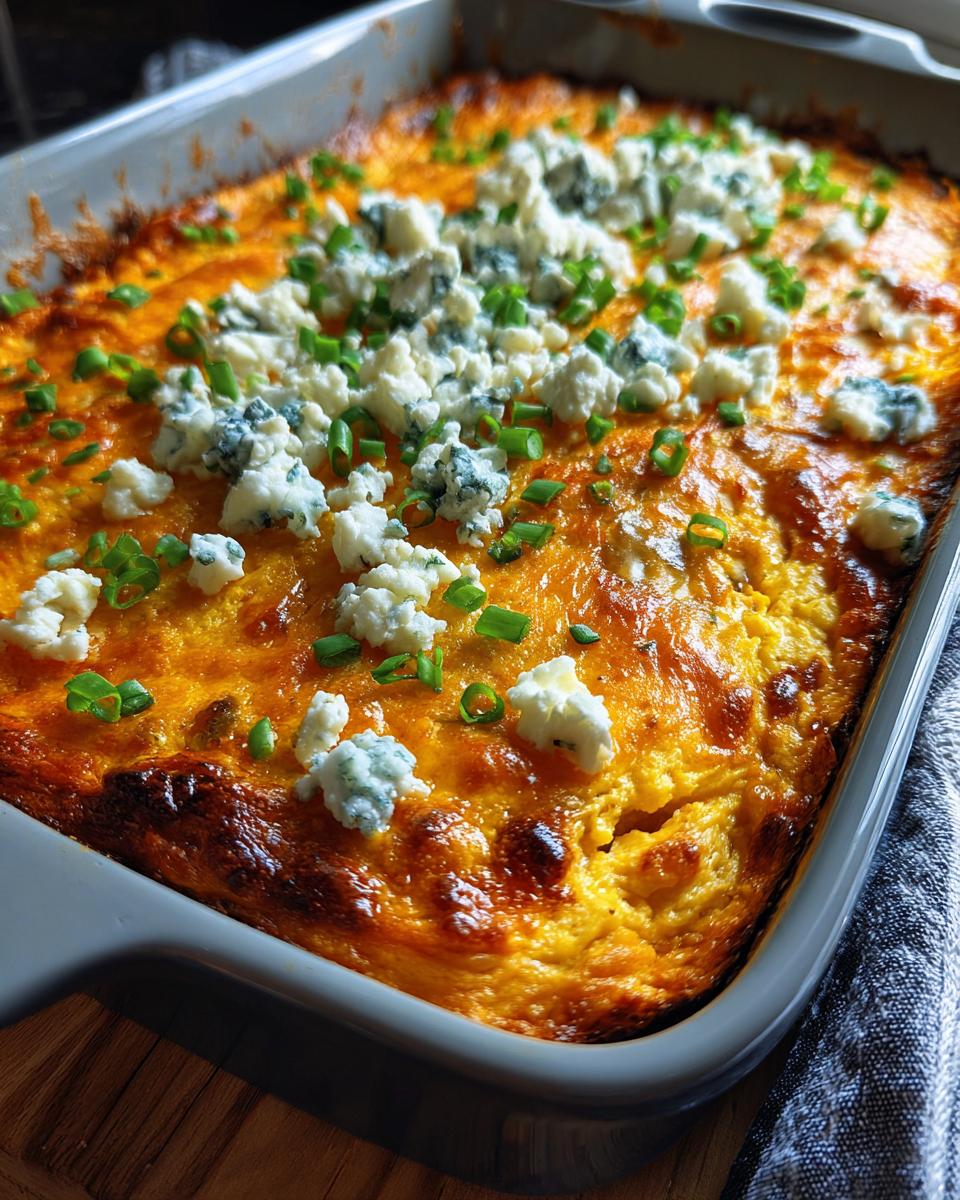A close-up of a freshly baked Buffalo chicken dip in a grey baking dish, topped with crumbled blue cheese and chopped green onions.
