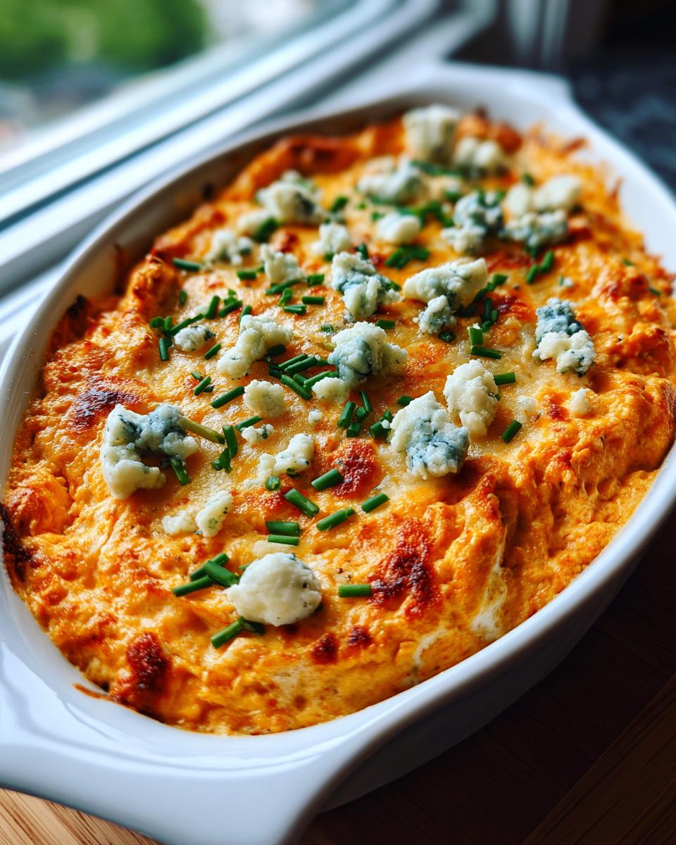 Close-up of bubbly, cheesy Buffalo chicken dip topped with blue cheese crumbles and chives in a white baking dish.