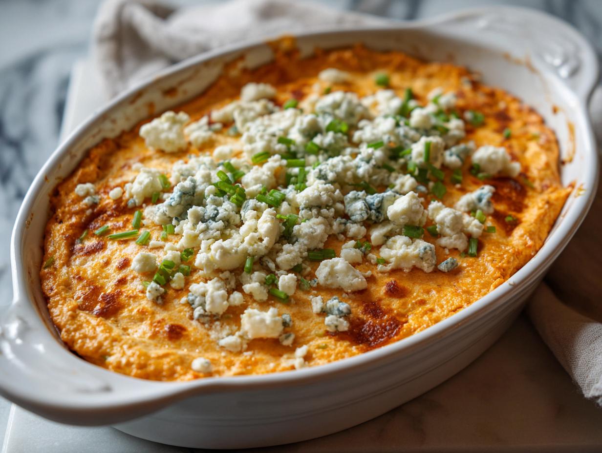 A close-up of a bubbling Buffalo chicken dip in a white baking dish, topped with crumbled blue cheese and chives.