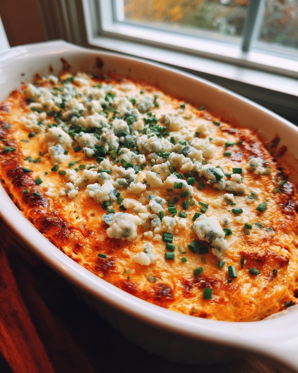 A bubbly and cheesy Buffalo chicken dip topped with blue cheese crumbles and chives in a white baking dish.