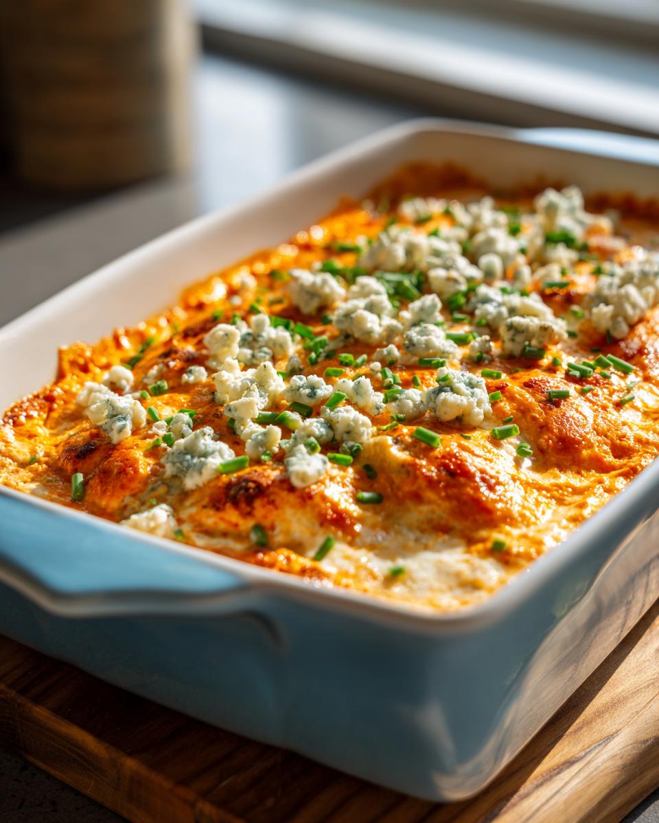 Close-up of bubbling Buffalo chicken dip in a blue baking dish, topped with crumbled blue cheese and chives.