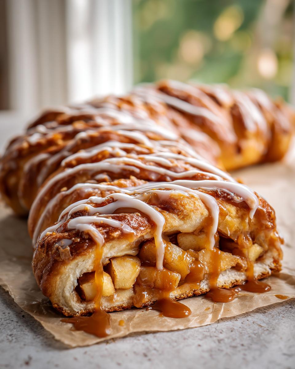 A close-up of a braided caramel apple crescent roll, filled with chunks of apple and drizzled with caramel sauce and icing.