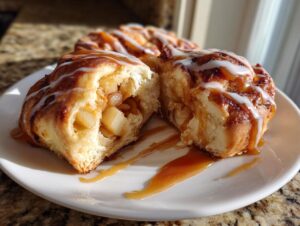 Close-up of a broken caramel apple crescent roll filled with apple pieces and drizzled with caramel and icing.