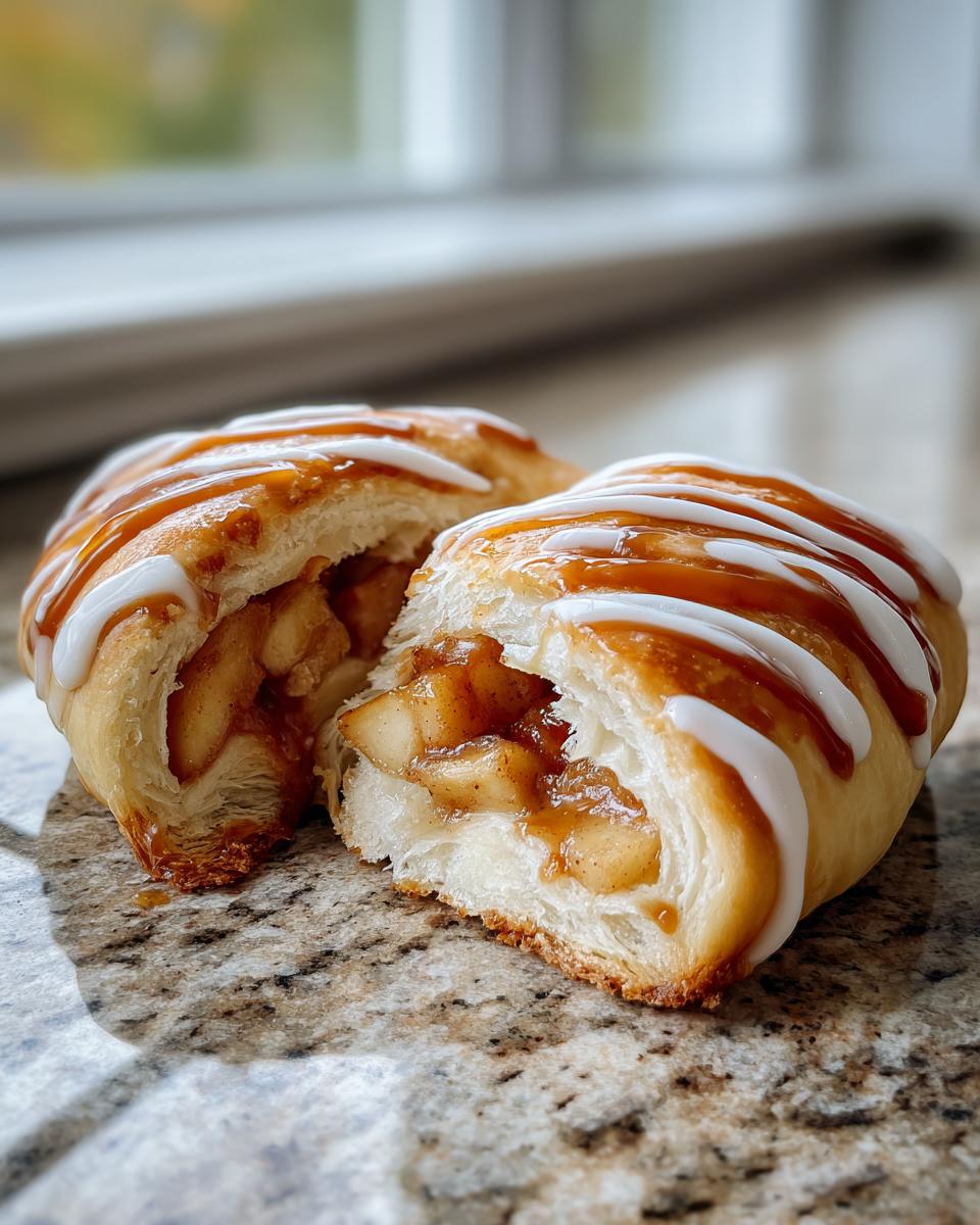 A close-up shot of a caramel apple crescent roll, cut in half to reveal the apple filling, drizzled with caramel and icing.