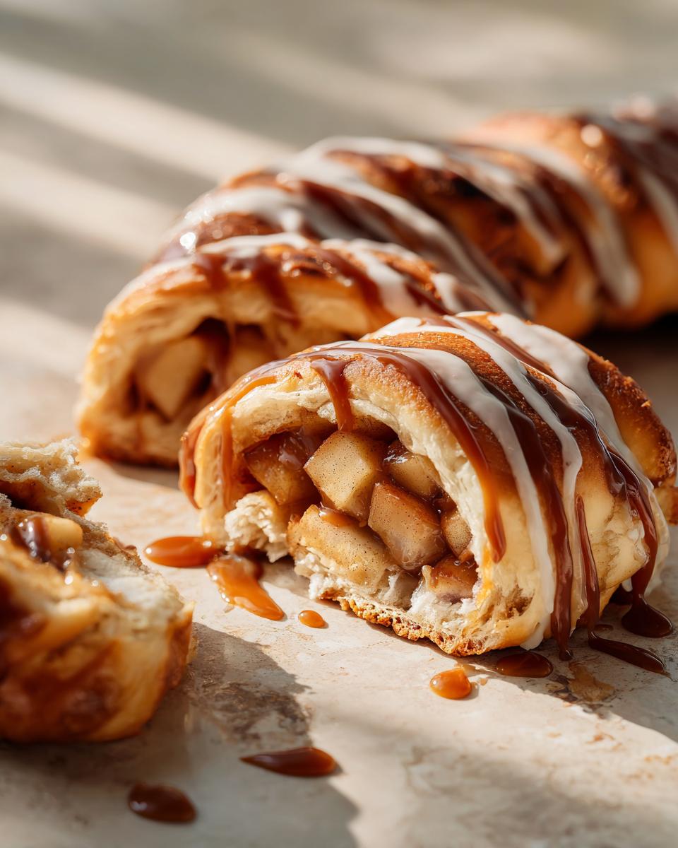 Close-up of delicious caramel apple crescent rolls drizzled with white glaze and caramel sauce.