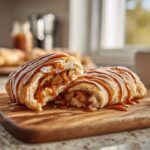 A close-up of caramel apple crescent rolls, drizzled with caramel and icing, on a wooden board.