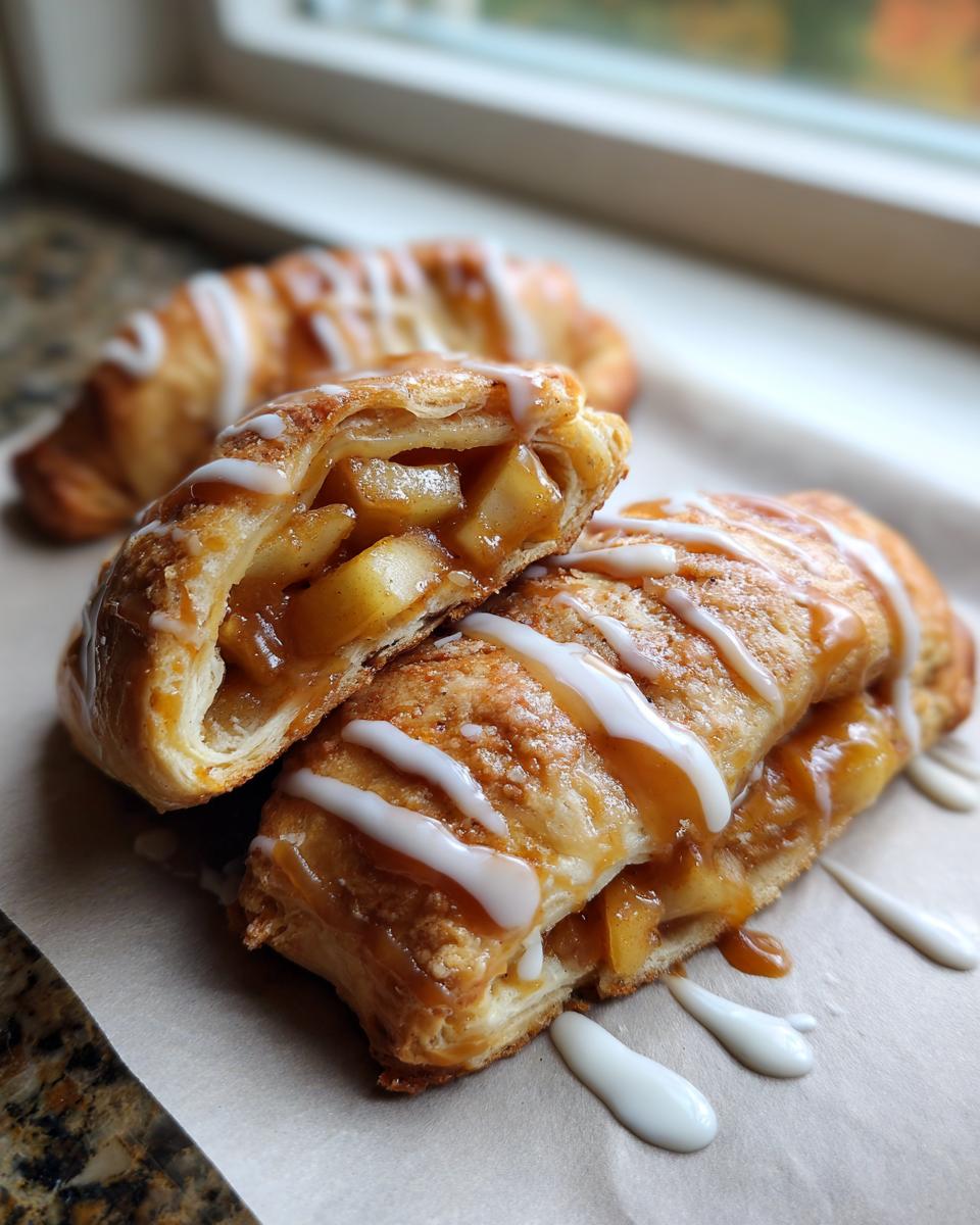 Close-up of a caramel apple crescent roll, cut in half, revealing a gooey apple and caramel filling, drizzled with icing.
