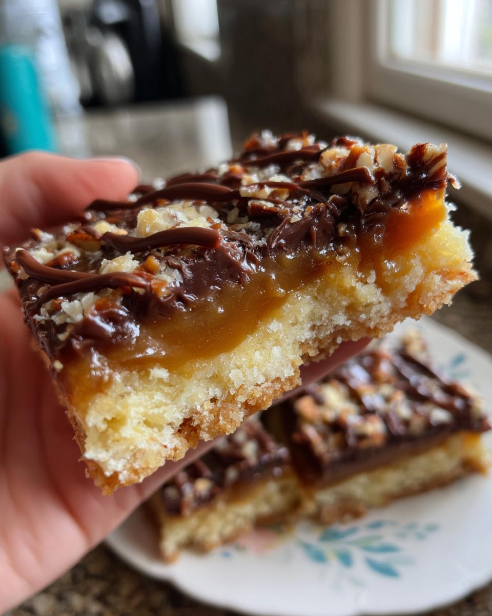 A hand holding a slice of Caramel Pecan Turtle Bars, showing layers of shortbread, caramel, chocolate, and pecans.