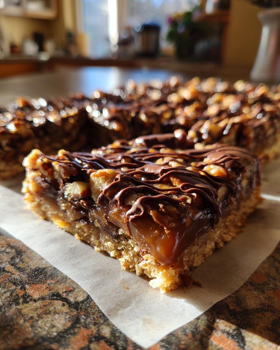A close-up shot of a caramel pecan turtle bar, showing layers of crust, gooey caramel, pecans, and chocolate drizzle.
