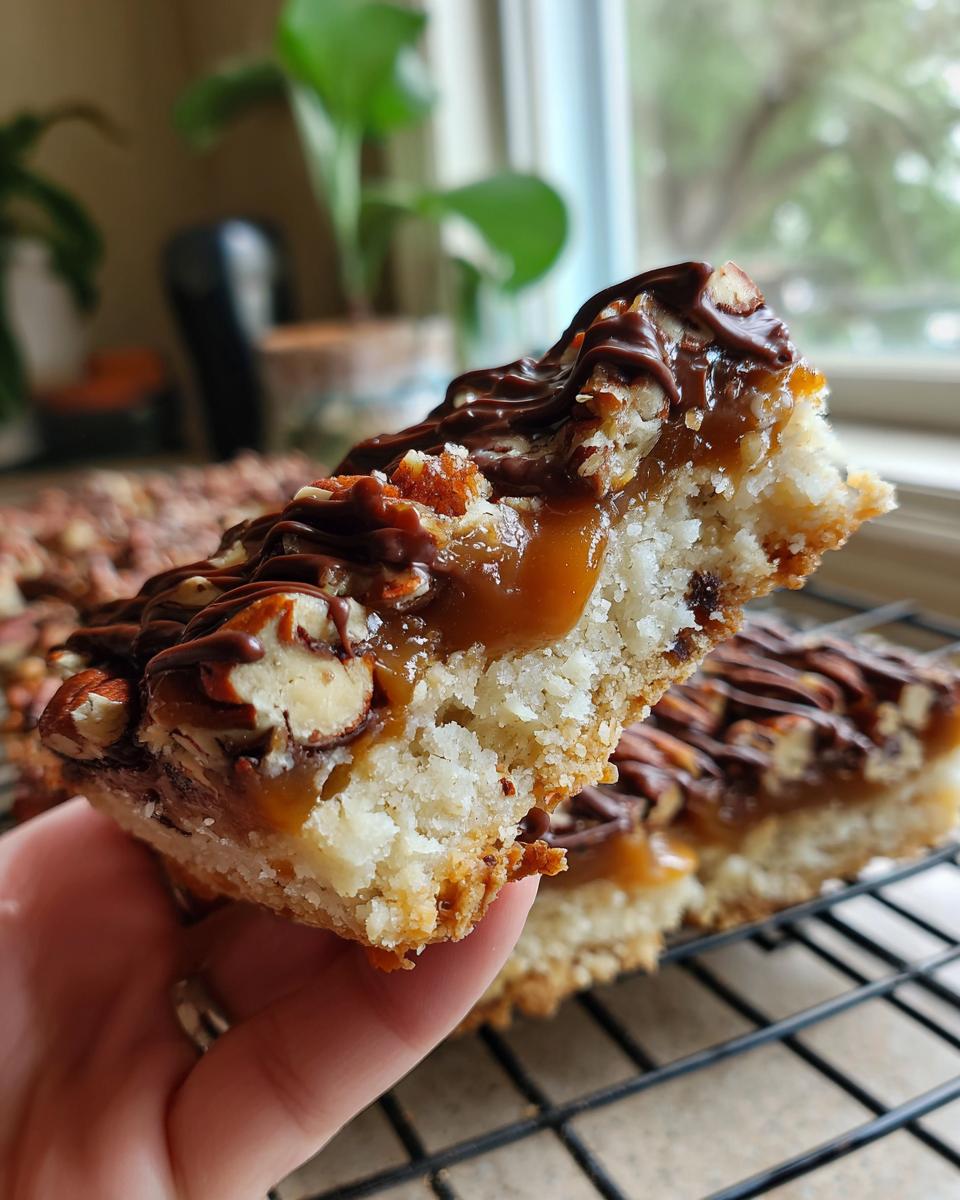 Close-up of a hand holding a Caramel Pecan Turtle Bar, showing layers of shortbread, caramel, pecans, and chocolate drizzle.