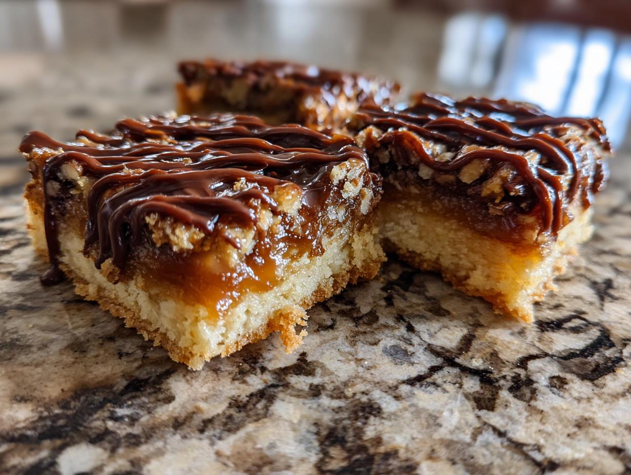 Close-up of delicious Caramel Pecan Turtle Bars with a rich caramel layer and chocolate drizzle.