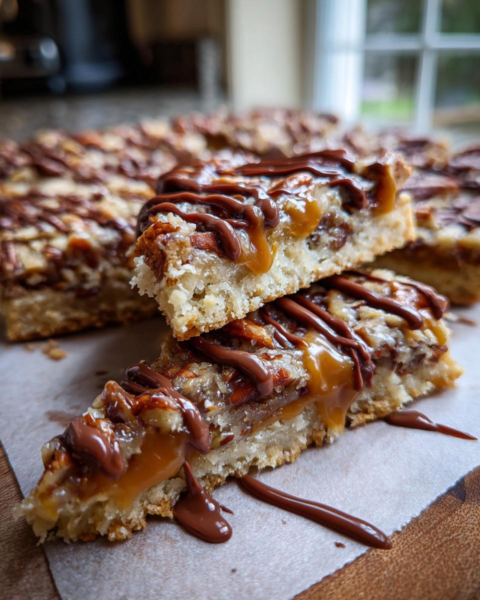 Close-up of stacked Caramel Pecan Turtle Bars, showing gooey caramel, pecans, and chocolate drizzle.