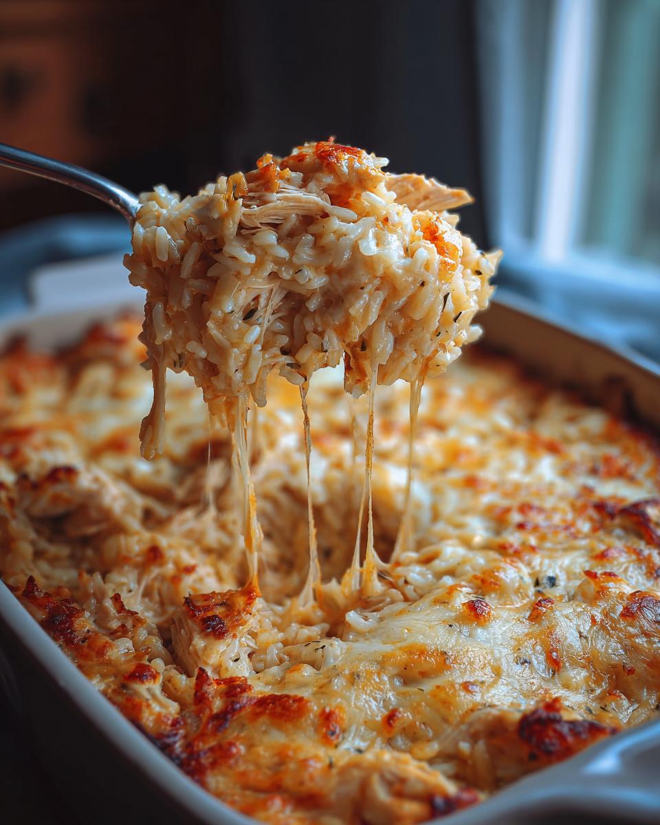 A spoonful of cheesy chicken and rice lifted from a baking dish, showing long, dramatic cheese pulls.