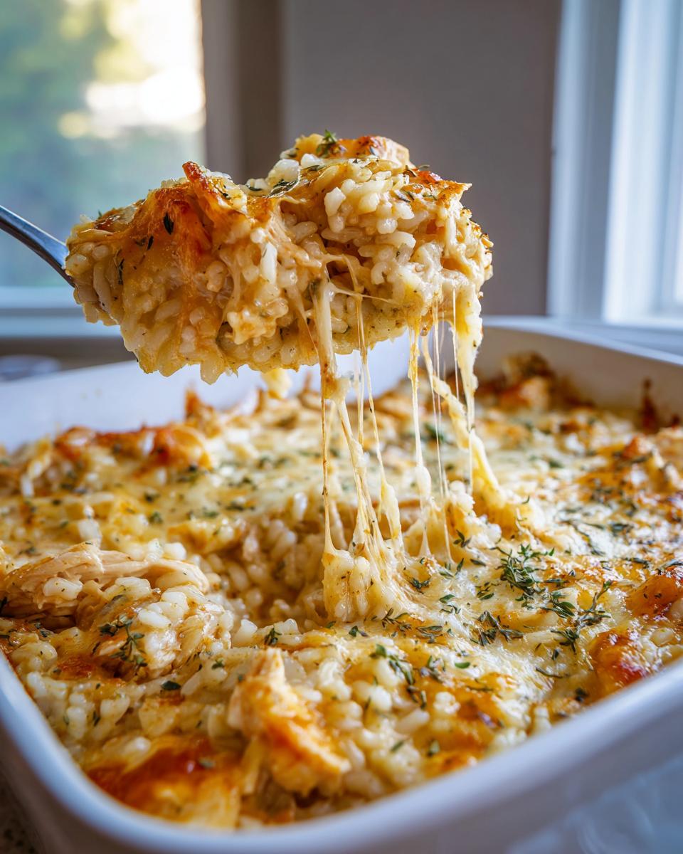 A spoonful of cheesy chicken and rice is lifted from a baking dish, showing long, stretchy strings of melted cheese.
