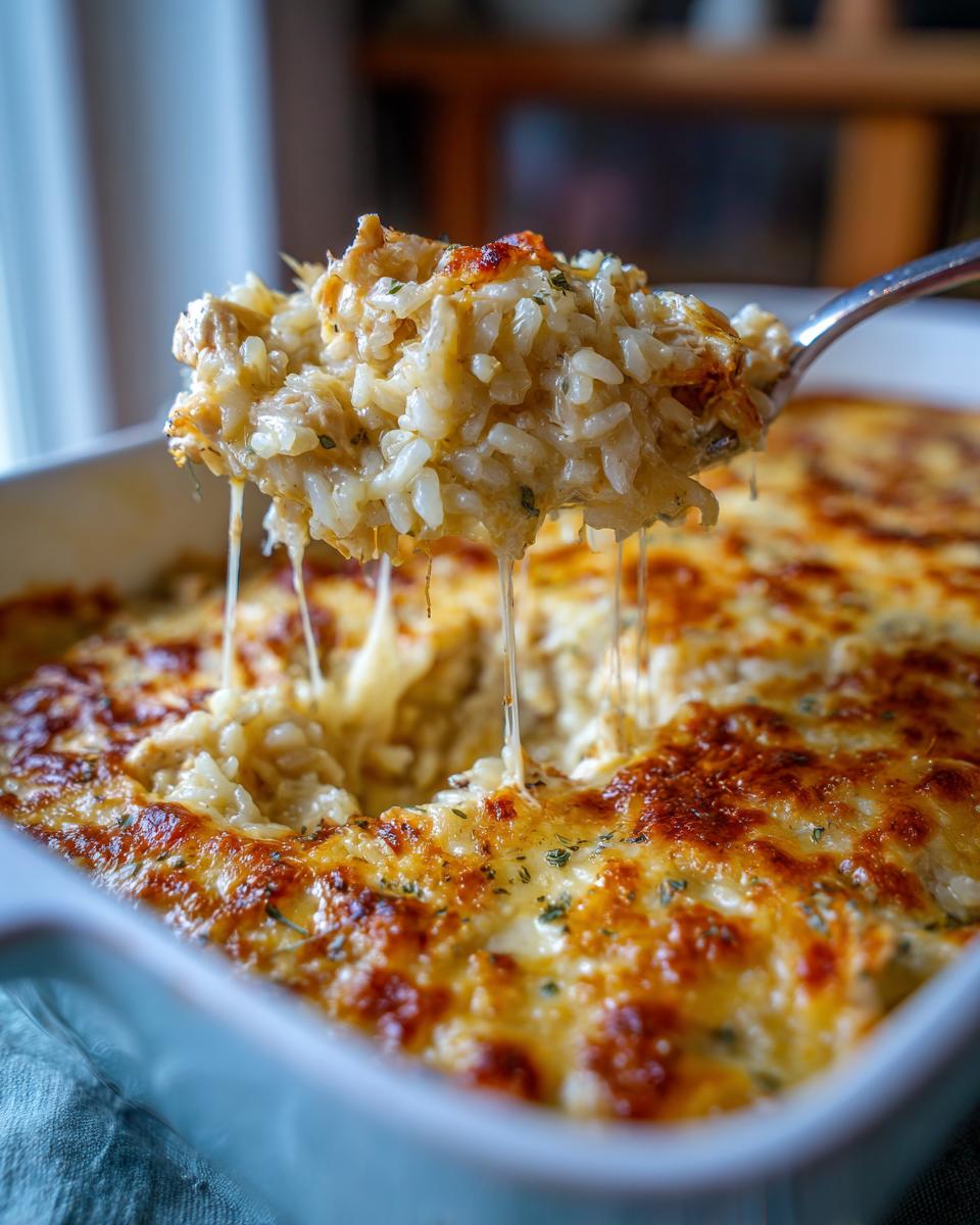 A spoonful of creamy, cheesy chicken and rice being lifted from a baking dish, showing long cheese pulls.
