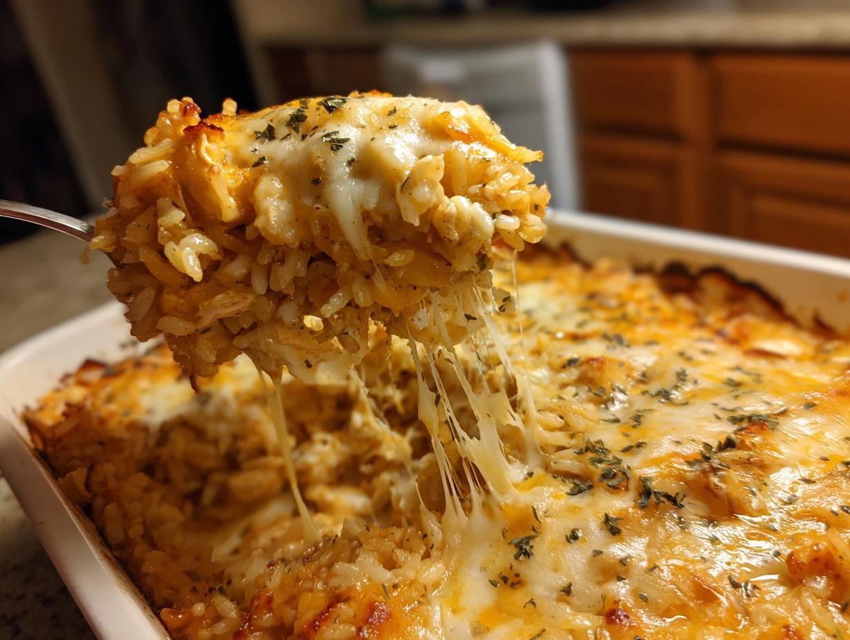 A spoonful of cheesy chicken and rice casserole showing a dramatic cheese pull over the baking dish.