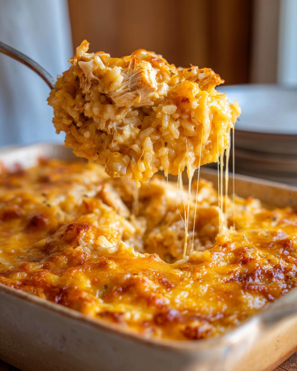 A spoonful of cheesy chicken and rice casserole is lifted, showing long cheese strings pulling from the golden-brown baked dish.