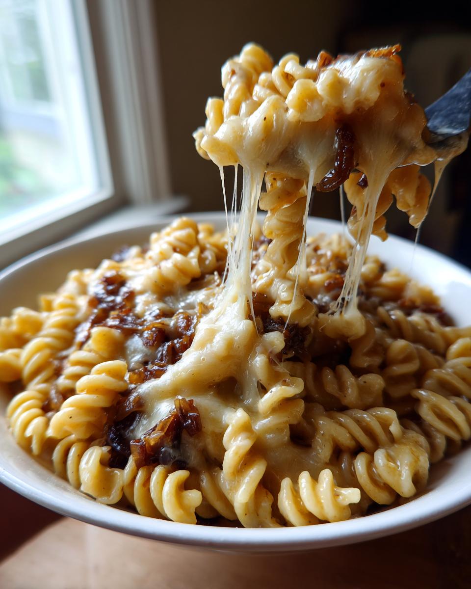 A fork lifts a cheesy, stringy portion of french onion pasta topped with caramelized onions from a white bowl.