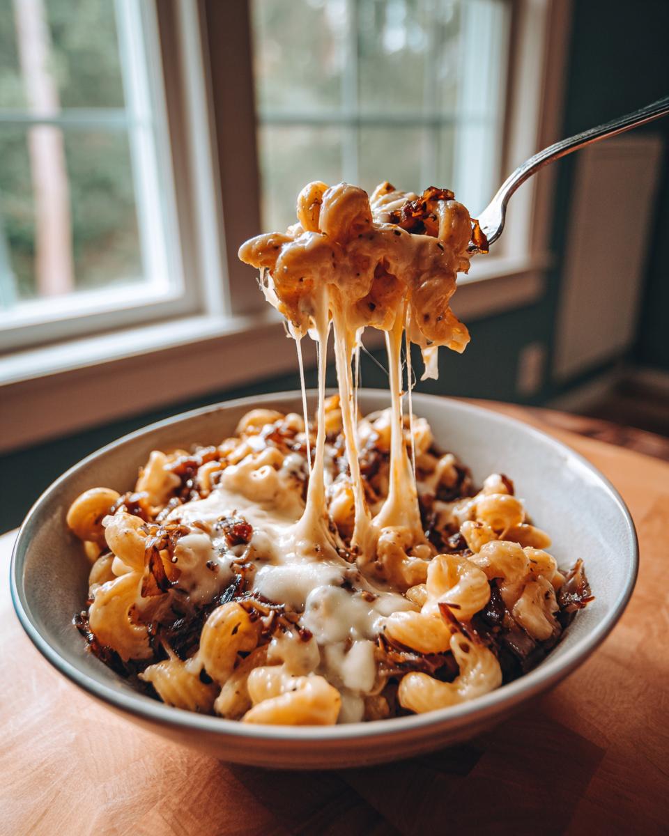 A fork lifts a bite of creamy french onion pasta, showing long, dramatic cheese pulls over the bowl.