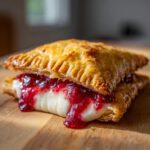 A close-up of a golden-brown cherry cheesecake hand pie, with creamy cheesecake filling and cherry filling oozing out.