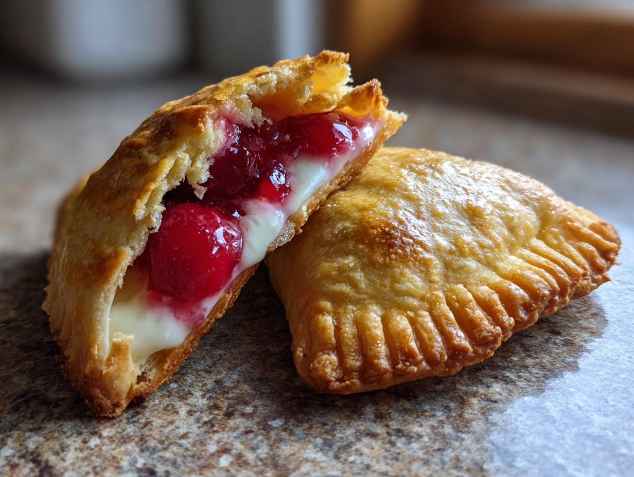 A close-up of two golden-brown cherry cheesecake hand pies, one cut open to reveal a creamy cheesecake filling and bright red cherries.