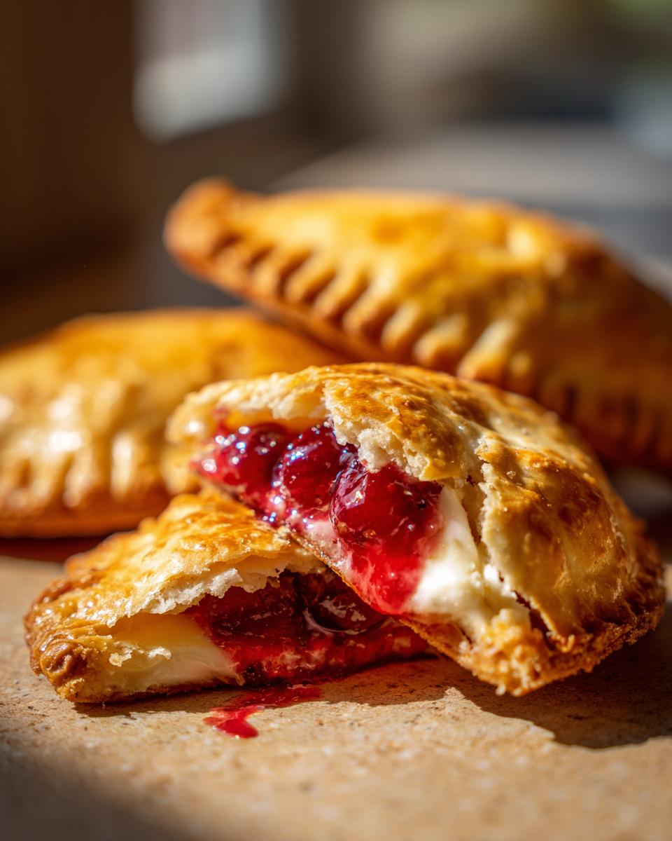 Close-up of a halved cherry cheesecake hand pie, showing creamy cheesecake filling and bright red cherry filling.