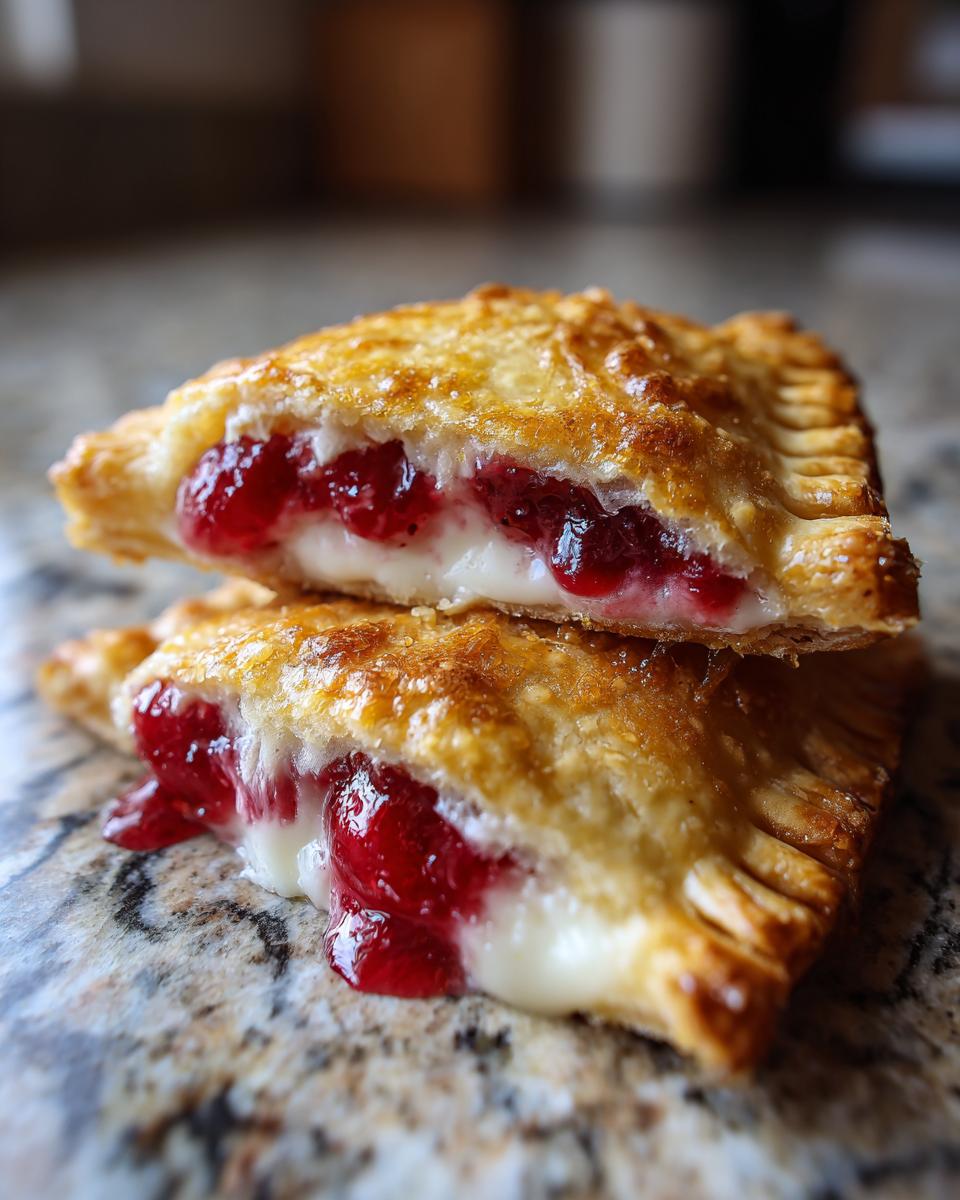 Close-up of two cherry cheesecake hand pies stacked, revealing gooey cream cheese and cherry filling.