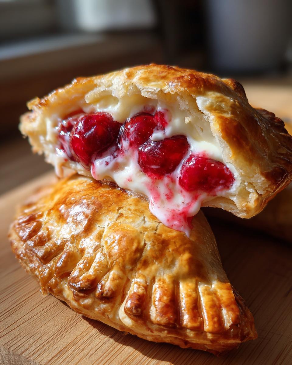 Close-up of a broken cherry cheesecake hand pie, showing the creamy cheesecake filling and bright red cherries oozing out.