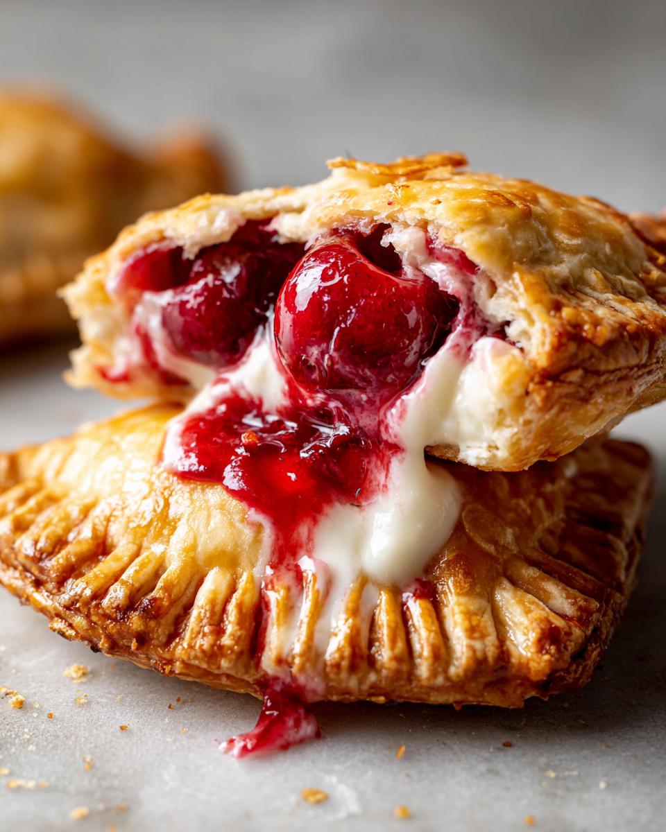 Close-up of a cherry cheesecake hand pie cut in half, showing a gooey cream cheese filling and bright red cherries.