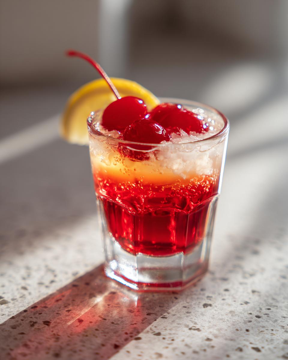 A vibrant red cherry shots cocktail in a glass, garnished with maraschino cherries and a lemon slice.