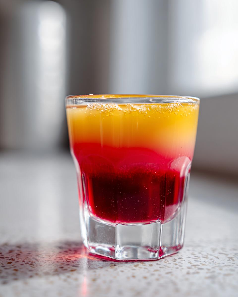 A layered cherry shots cocktail in a clear glass, showing deep red and bright yellow liquids.