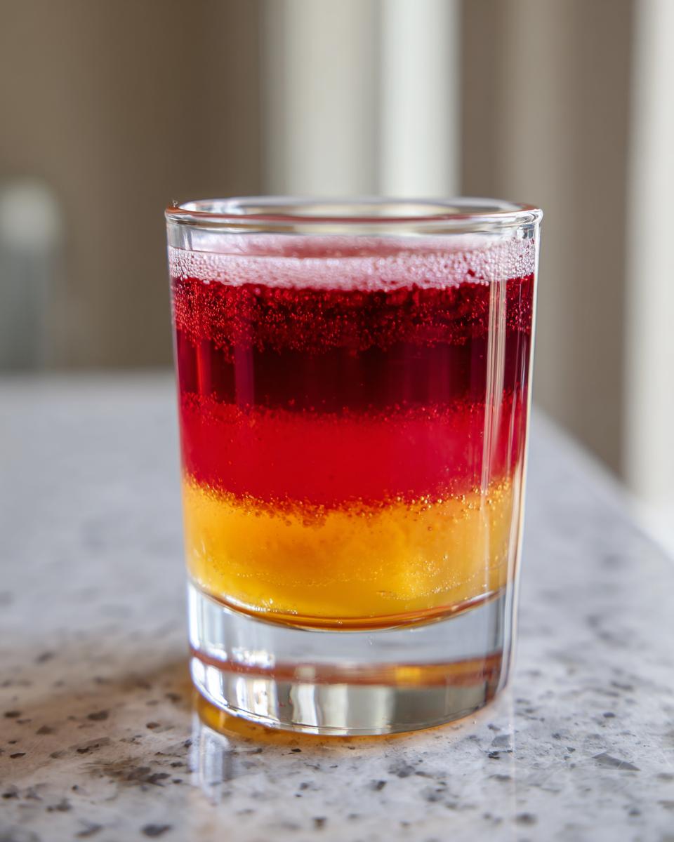 A close-up of a layered cherry shots cocktail in a shot glass, with red and yellow liquids and a foamy top.