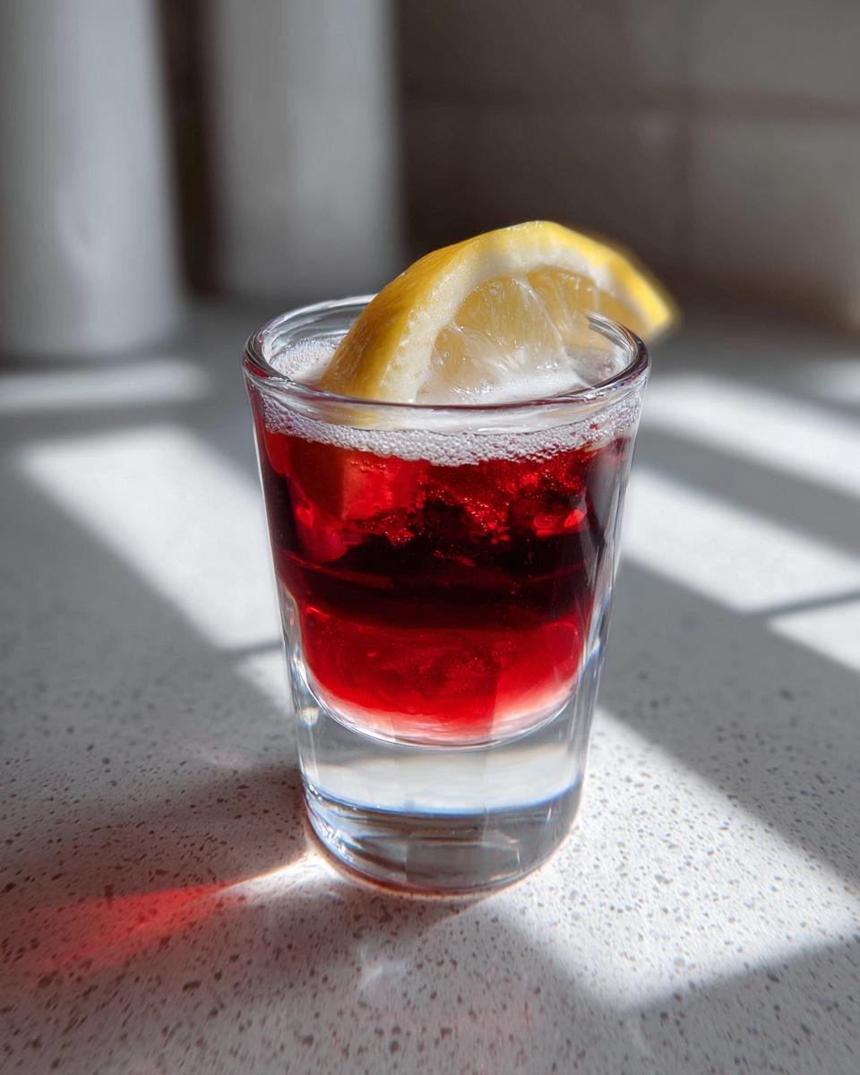 A close-up of a vibrant red cherry shot in a glass, topped with a frothy head and a lemon slice.