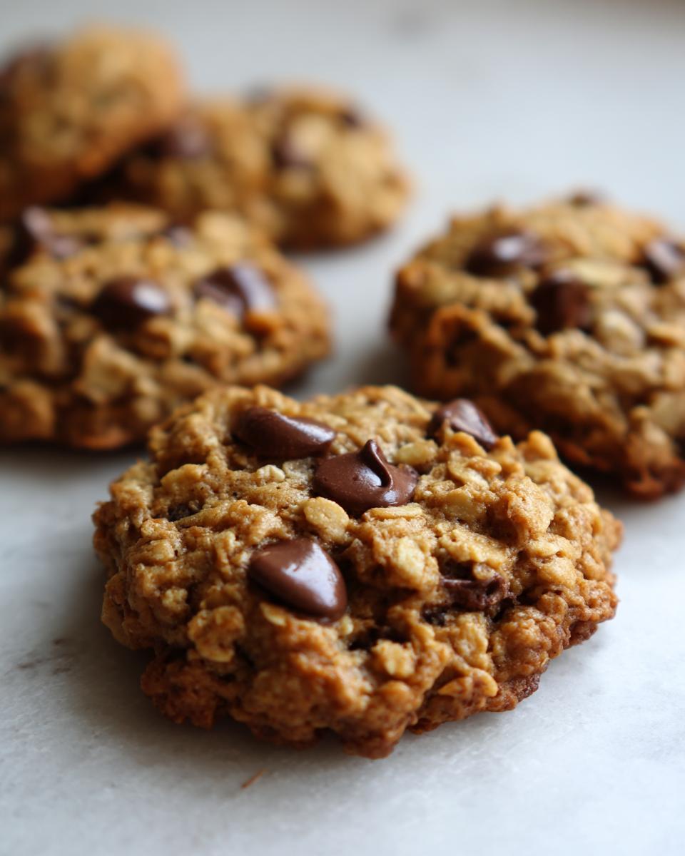 A close-up, shallow depth-of-field photo of a freshly baked oatmeal cookie loaded with melted chocolate chips.