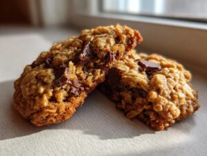 Two halves of a rich, chewy oatmeal cookie loaded with melted chocolate chips, illuminated by sunlight.