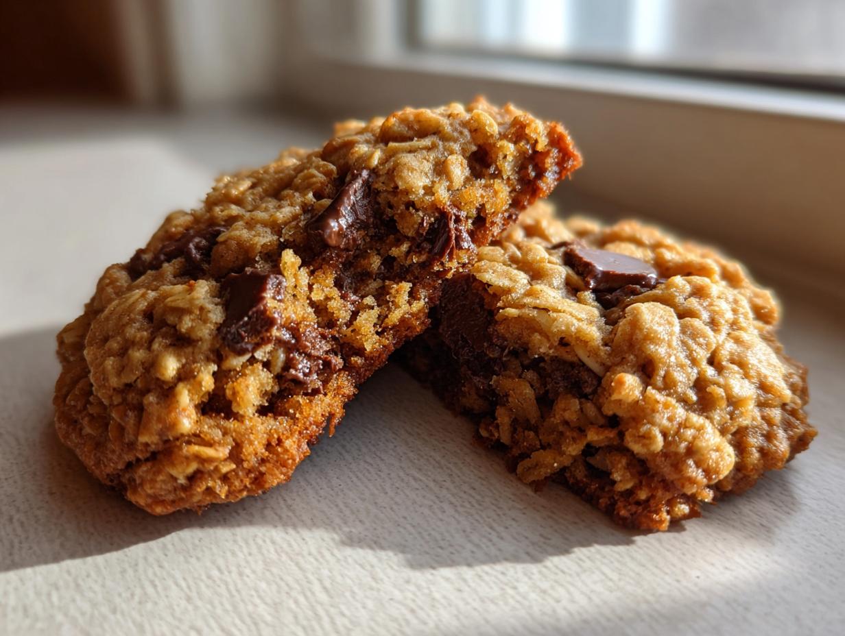 Two halves of a rich, chewy oatmeal cookie loaded with melted chocolate chips, illuminated by sunlight.