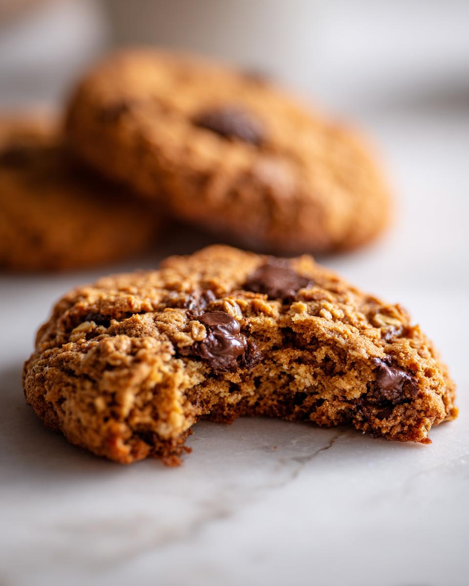 A close-up of a soft, chewy oatmeal cookie with melted chocolate chips, featuring a bite taken out.