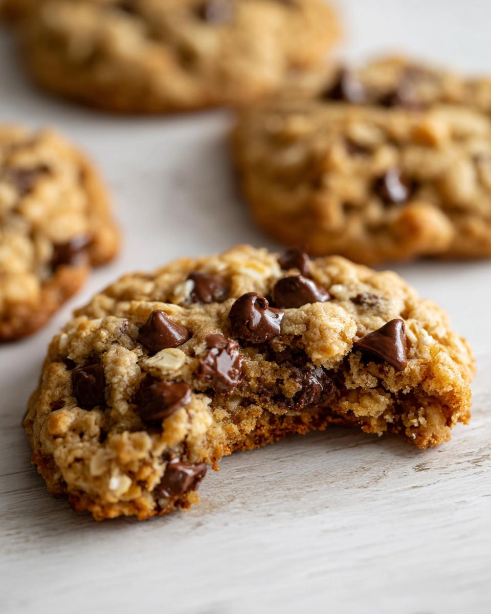 Close-up of a soft, chewy oatmeal cookie with melted chocolate chips and a bite taken out.