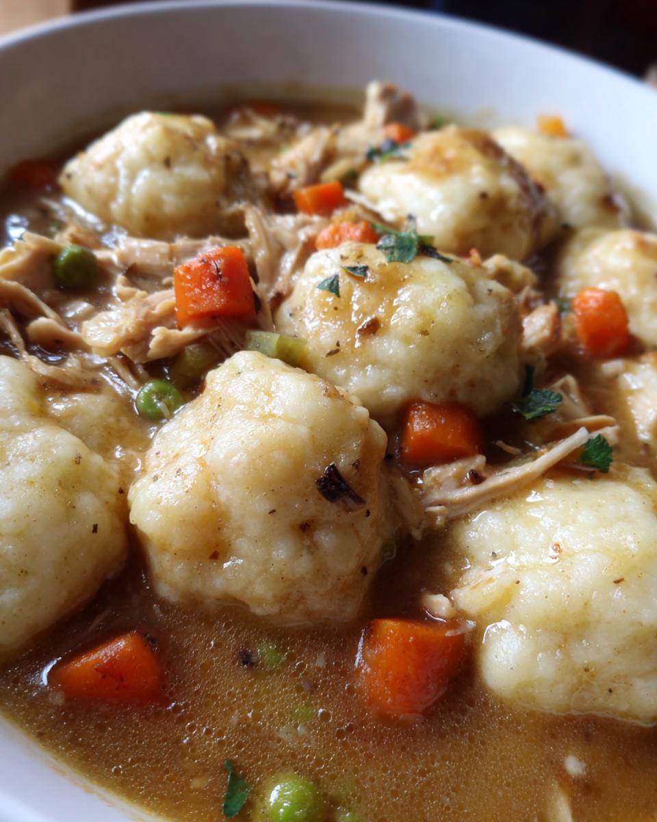 A close-up of a comforting bowl of chicken and dumplings, featuring fluffy dumplings, shredded chicken, carrots, and peas in a savory broth.