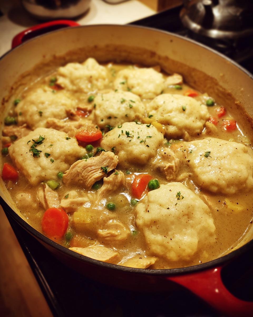 Close-up of a rustic Dutch oven filled with tender chicken and dumplings, carrots, and peas in a creamy broth.