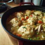 Close-up of fluffy dumplings nestled in a rich broth with chicken, carrots, and peas in a Dutch oven.