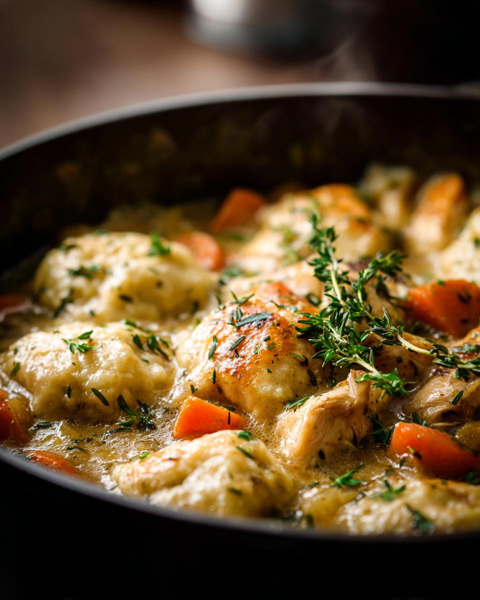 Close-up of steaming chicken and dumplings in a rich broth with carrots and herbs.