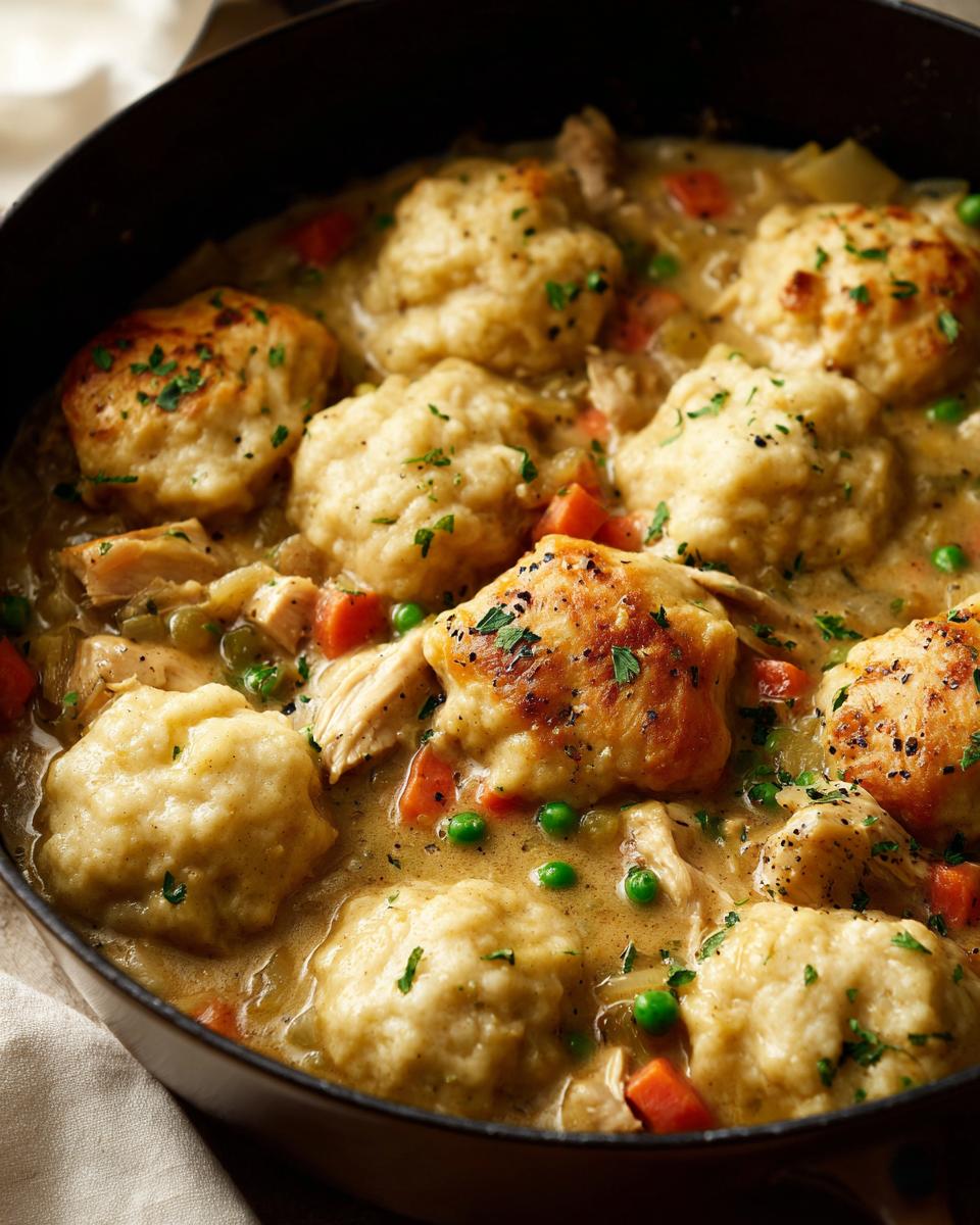 Close-up of fluffy dumplings nestled in a creamy chicken and vegetable stew, a classic chicken and dumplings dish.