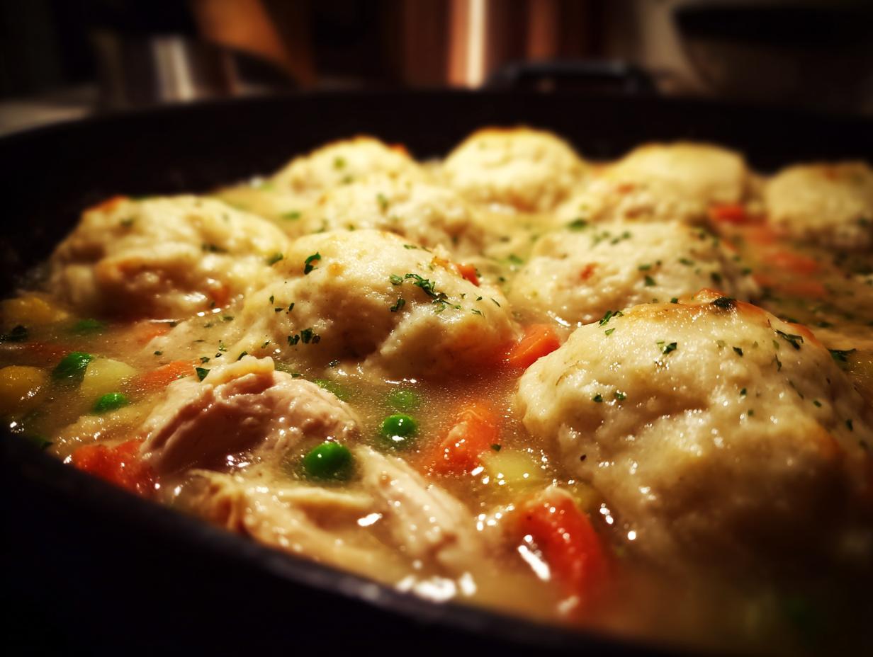 Close-up of fluffy dumplings nestled in a savory broth with chicken and vegetables, a delicious chicken and dumplings dish.
