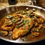 Close-up of pan-seared Chicken Marsala topped with sliced mushrooms and fresh parsley.