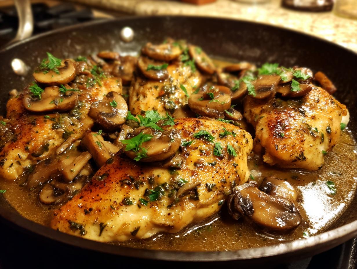 Close-up of pan-seared Chicken Marsala topped with sliced mushrooms and fresh parsley in a rich sauce.