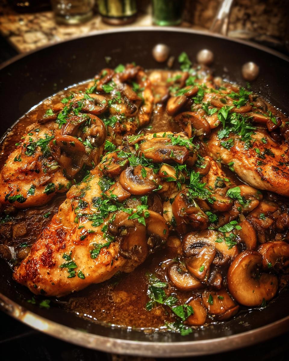 Close-up of pan-fried chicken breasts smothered in a rich mushroom and Marsala wine sauce, garnished with parsley.