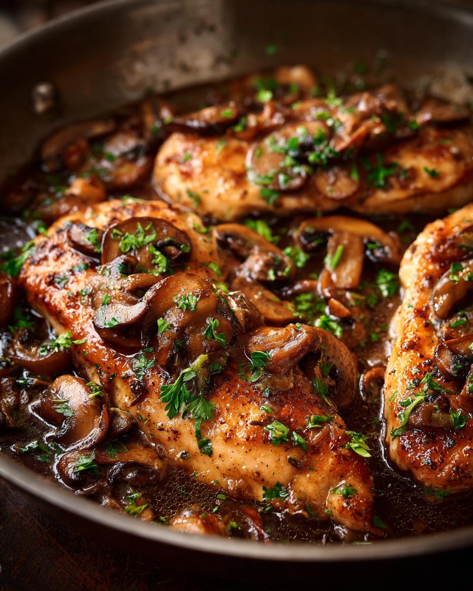 Close-up of pan-fried Chicken Marsala with sliced mushrooms and fresh parsley in a rich sauce.
