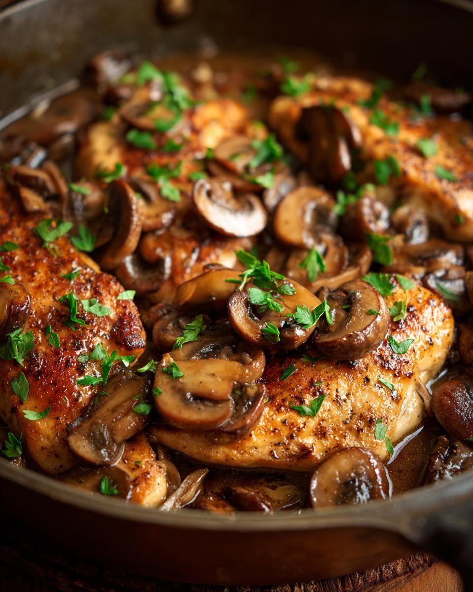 Close-up of pan-fried Chicken Marsala with sautéed mushrooms and fresh parsley garnish.