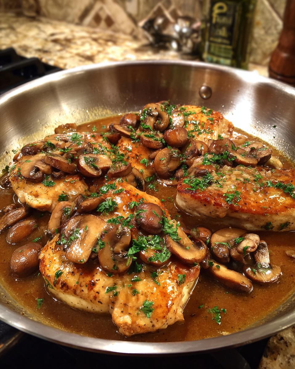 Close-up of Chicken Marsala with mushrooms and parsley in a skillet, coated in a rich sauce.